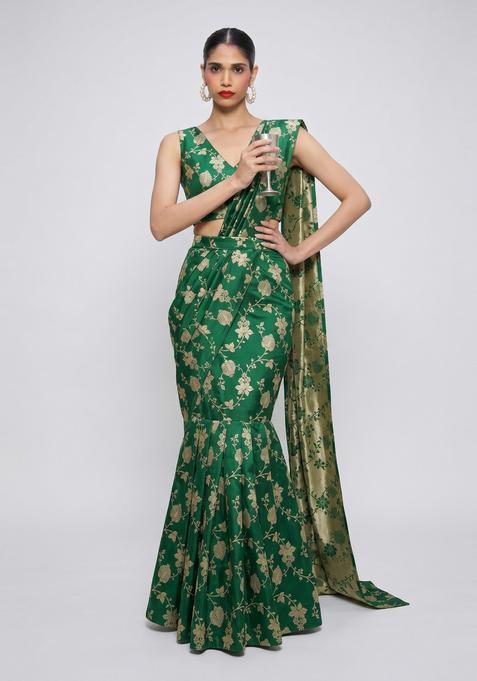Emerald Green Embroidered Silk Pre Draped Saree Set