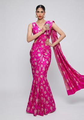 Fuchsia Pink Embroidered Silk Blend Pre Draped Saree Set