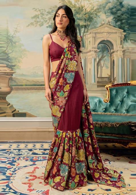 Maroon Embroidered Cosmos Pre Draped Saree Set