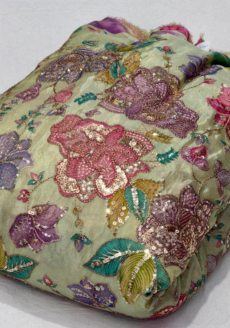 Sage Green Embroidered Cosmos Pre Draped Saree Set - Indya