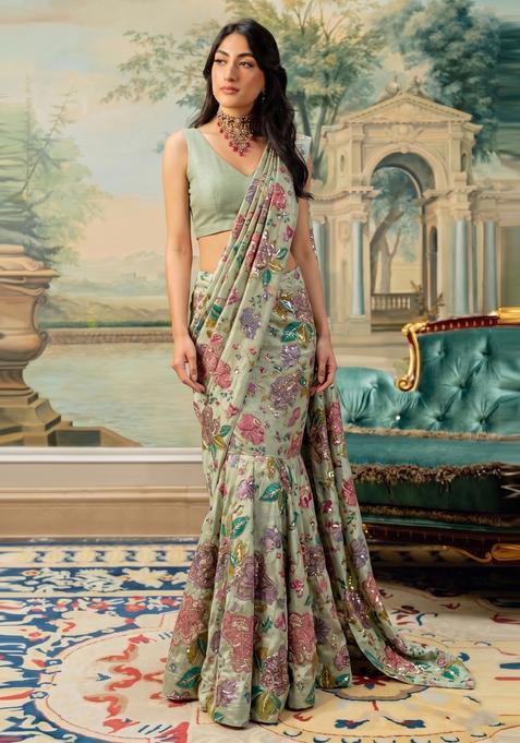 Sage Green Embroidered Cosmos Pre Draped Saree Set