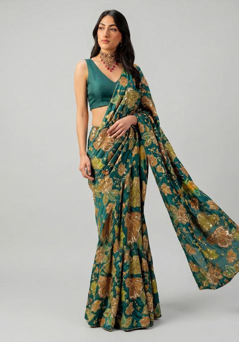 Emerald Green Embroidered Cosmos Pre Draped Saree Set