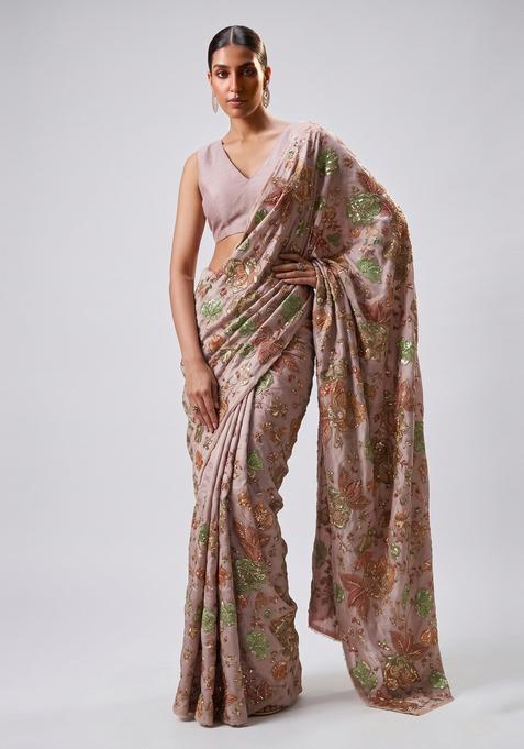 Dusty Pink Embroidered Cosmos Pre Draped Saree Set
