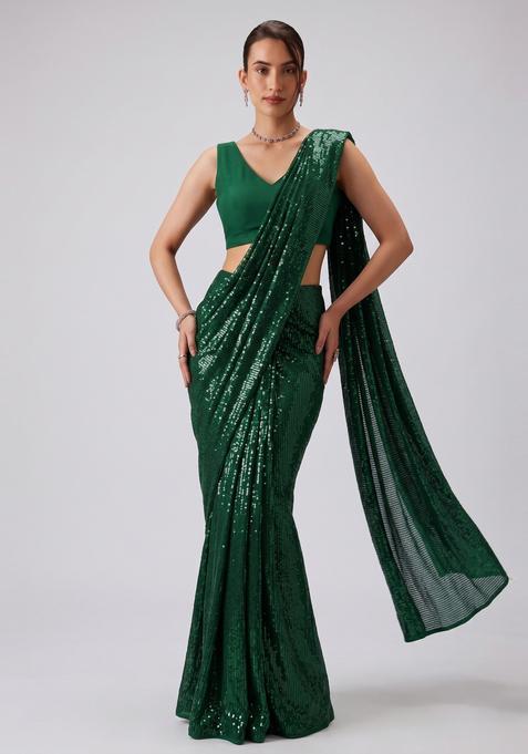 Emerald Green Embroidered Pre Draped Saree Set