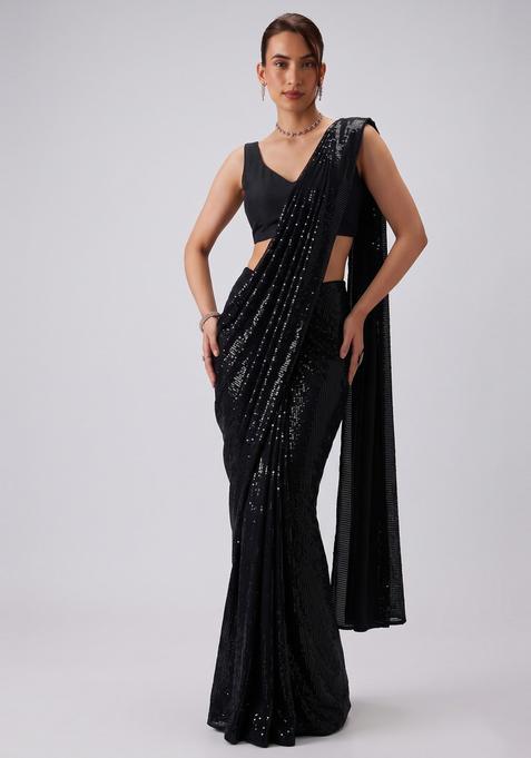 Black Embroidered Pre Draped Saree Set
