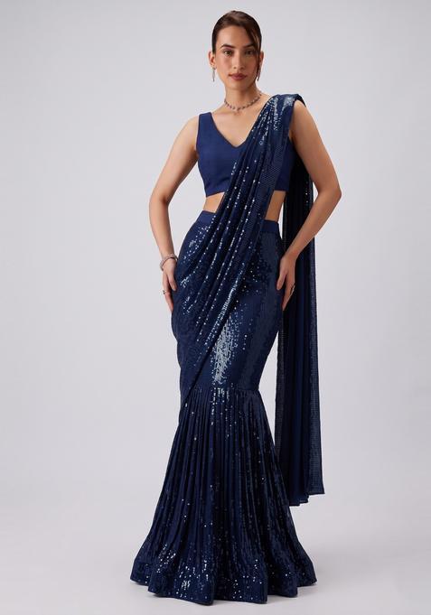 Navy Blue Embroidered Pre Draped Saree Set