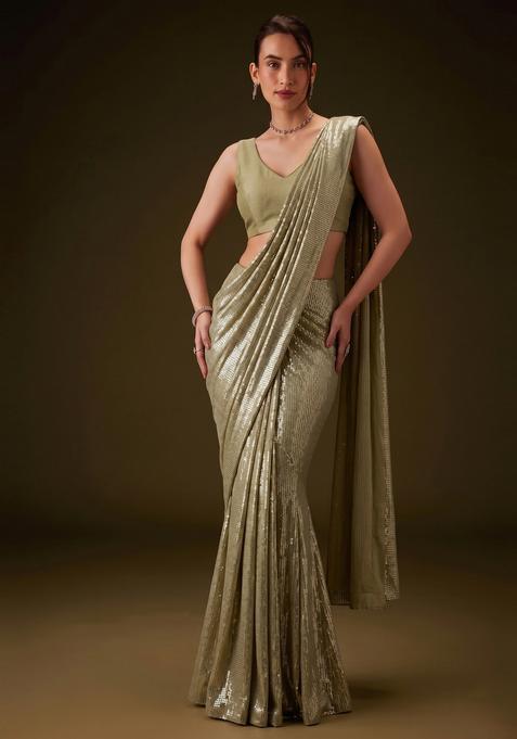 Olive Green Embroidered Pre Draped Saree Set