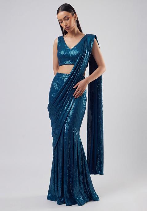 Royal Blue Embroidered Pre Draped Saree Set