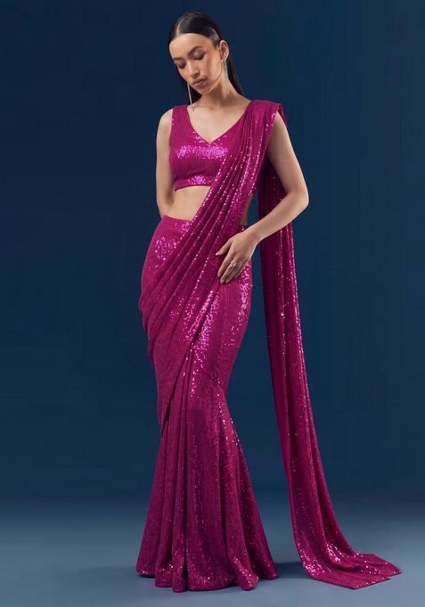 Magenta Embroidered Pre Draped Saree Set