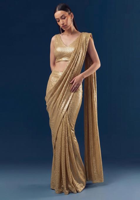 Gold Embroidered Pre Draped Saree Set