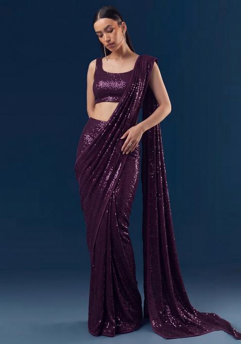 Deep Purple Embroidered Pre Draped Saree Set