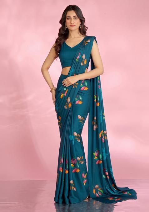 Teal Printed Georgette Pre Draped Saree Set