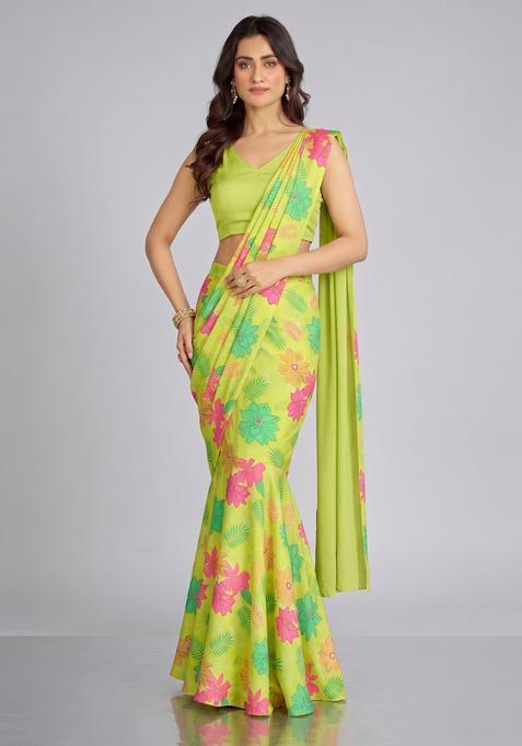 Lime Yellow Printed Georgette Pre Draped Saree Set