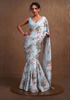 Pastel Blue Printed Georgette Pre Draped Saree Set