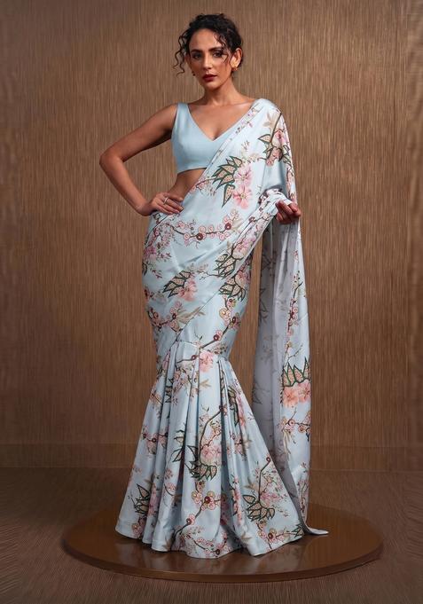 Pastel Blue Printed Georgette Pre Draped Saree Set
