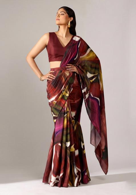 Maroon Printed Georgette Pre Draped Saree Set
