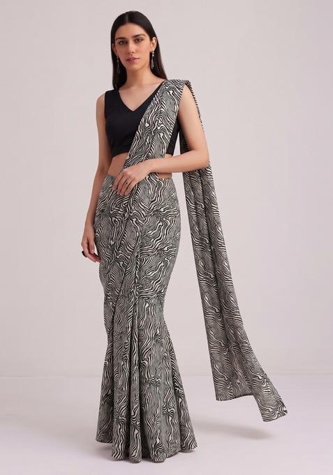 Black Printed Georgette Pre Draped Saree Set