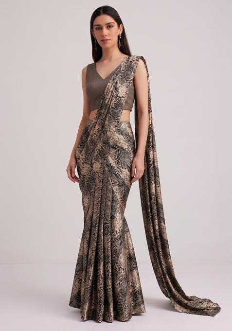 Brown Printed Georgette Pre Draped Saree Set