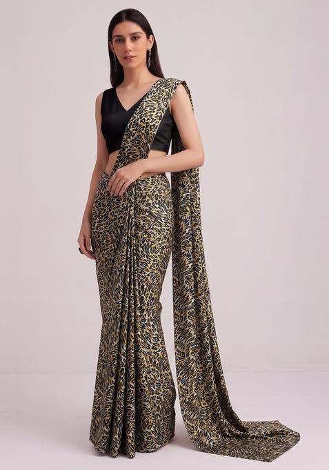 Grey Printed Georgette Pre Draped Saree Set