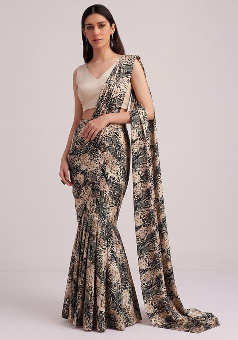 Champagne Beige Printed Georgette Pre Draped Saree Set