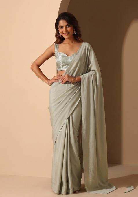 Pastel Green Solid Lycra Pre Draped Saree Set