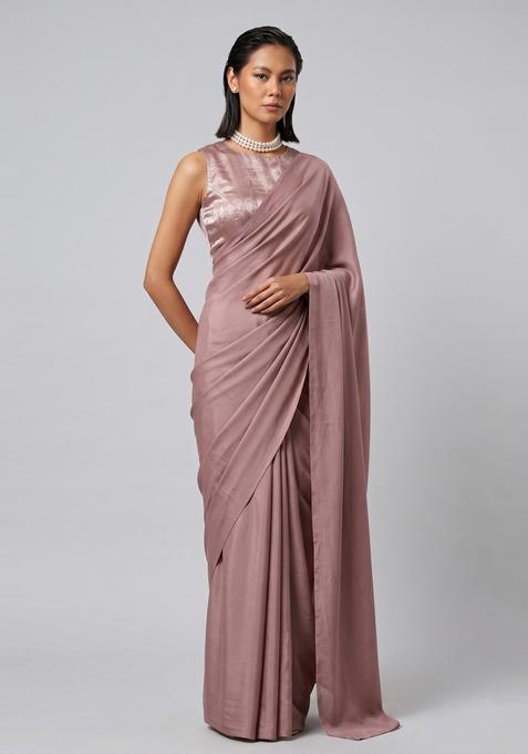 Dusty Pink Solid Crepe Pre Draped Saree Set