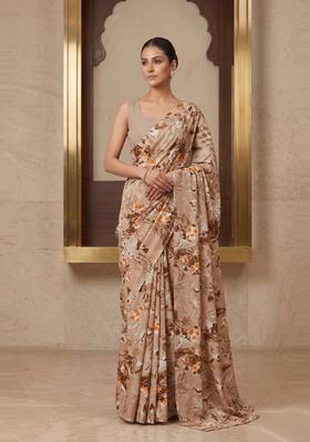 Beige Printed Crepe Pre Draped Saree Set