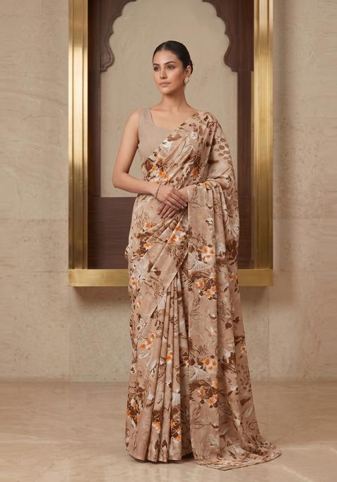 Beige Printed Crepe Pre Draped Saree Set