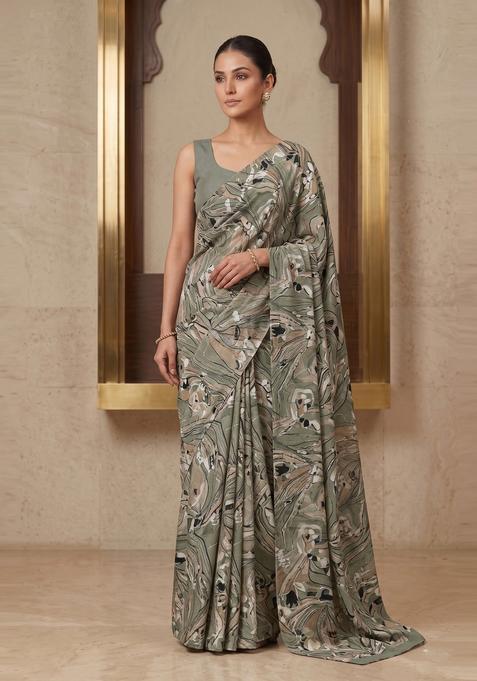 Sage Green Printed Crepe Pre Draped Saree Set