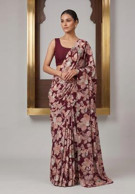 Deep Maroon Printed Crepe Pre Draped Saree Set