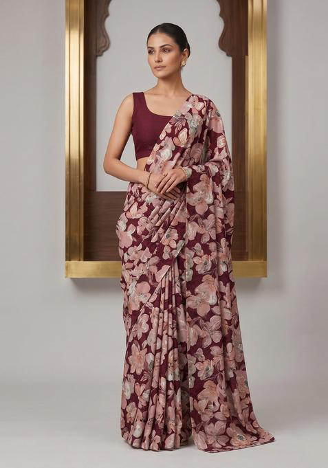 Deep Maroon Printed Crepe Pre Draped Saree Set