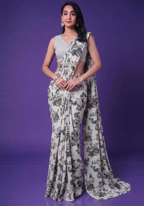 Light Grey Printed Crepe Pre Draped Saree Set