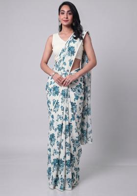 Off White Printed Crepe Pre Draped Saree Set