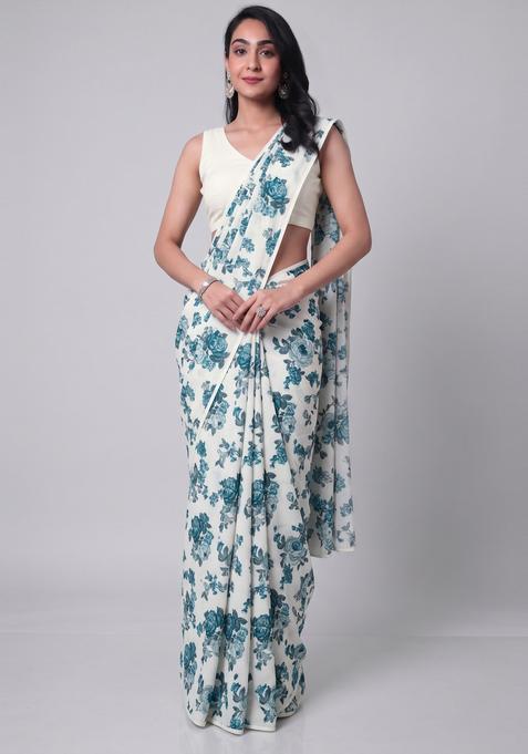 Off White Printed Crepe Pre Draped Saree Set