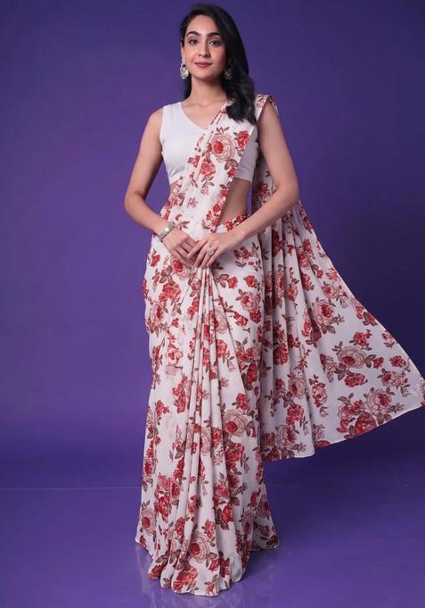 Off White Printed Crepe Pre Draped Saree Set