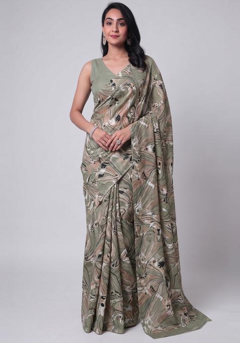 Sage Green Printed Crepe Pre Draped Saree Set