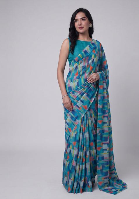Teal Printed Georgette Pre Draped Saree Set
