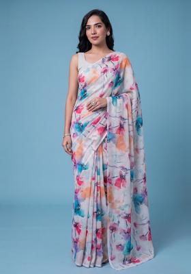 Off White Printed Georgette Pre Draped Saree Set