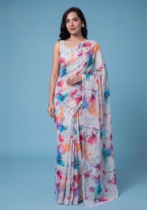 Off White Printed Georgette Pre Draped Saree Set