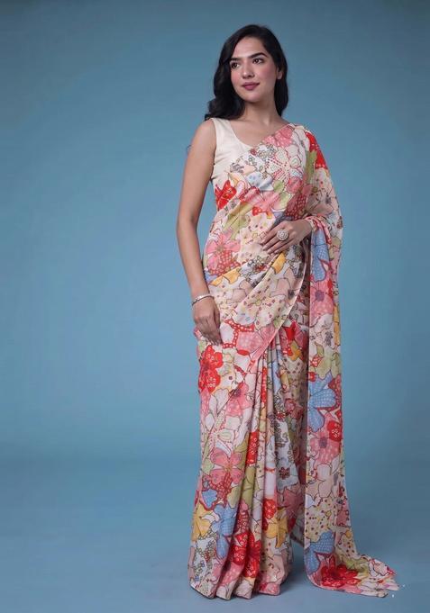 Multicolor Printed Georgette Pre Draped Saree Set
