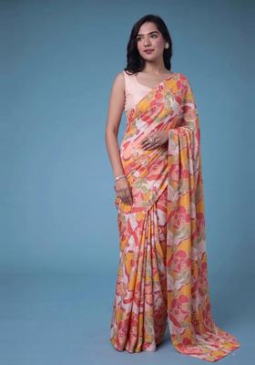 Multicolor Printed Georgette Pre Draped Saree Set