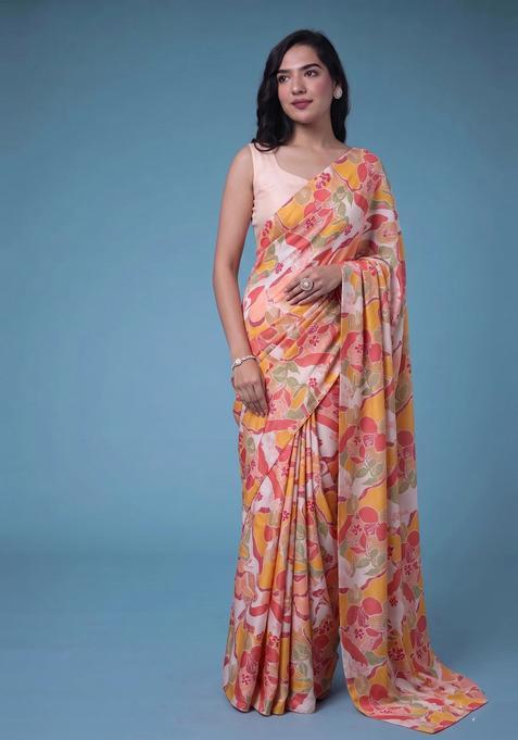 Multicolor Printed Georgette Pre Draped Saree Set
