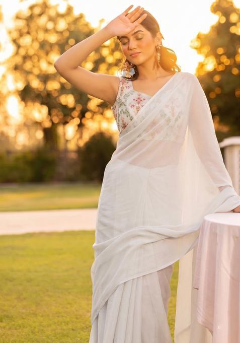 Off White Embroidered Georgette Pre Draped Saree Set