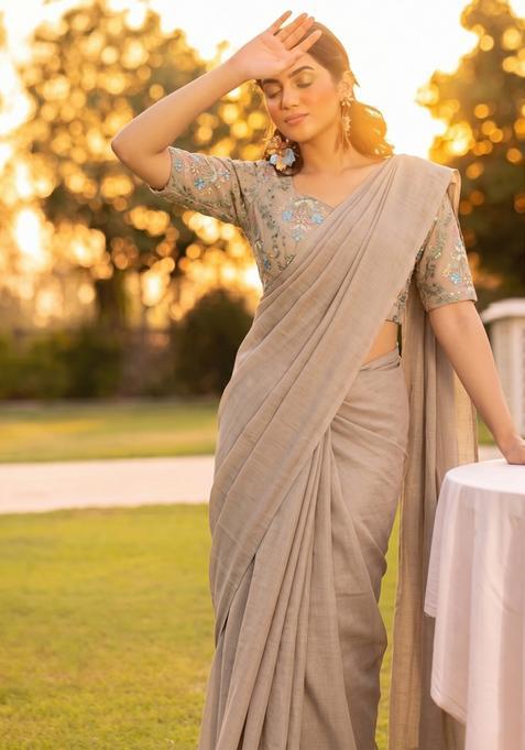 Light Brown Embroidered Georgette Pre Draped Saree Set