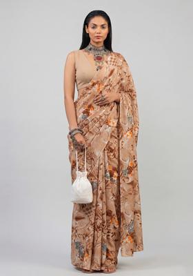 Beige Printed Crepe Pre Draped Saree Set