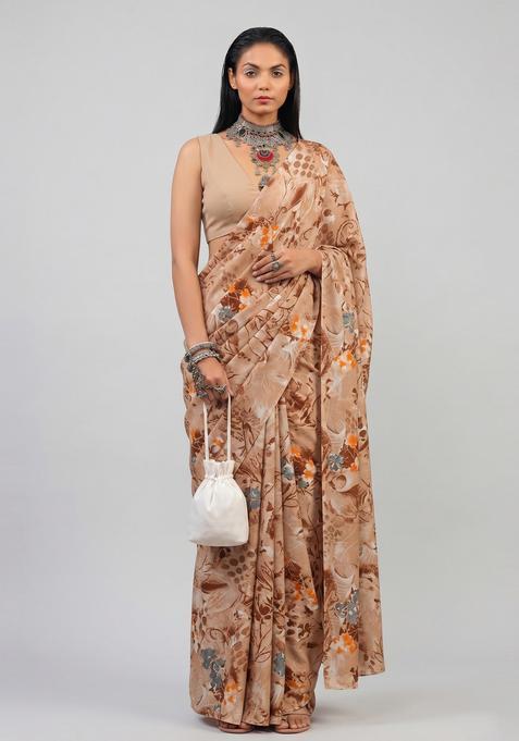 Beige Printed Crepe Pre Draped Saree Set