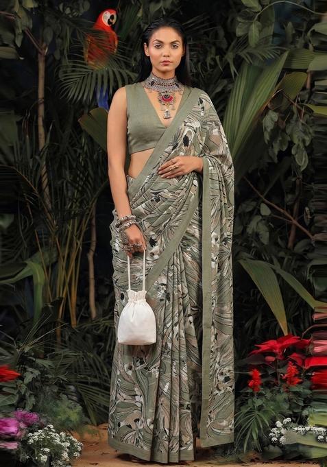 Olive Green Printed Crepe Pre Draped Saree Set