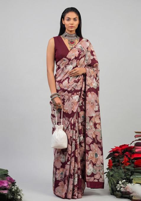 Burgundy Printed Crepe Pre Draped Saree Set