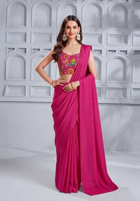 Magenta Embroidered Crepe Pre Draped Saree Set