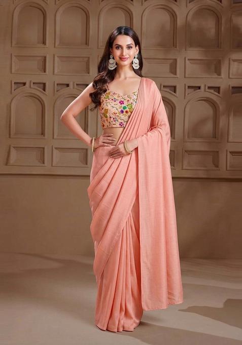 Peach Embroidered Crepe Pre Draped Saree Set